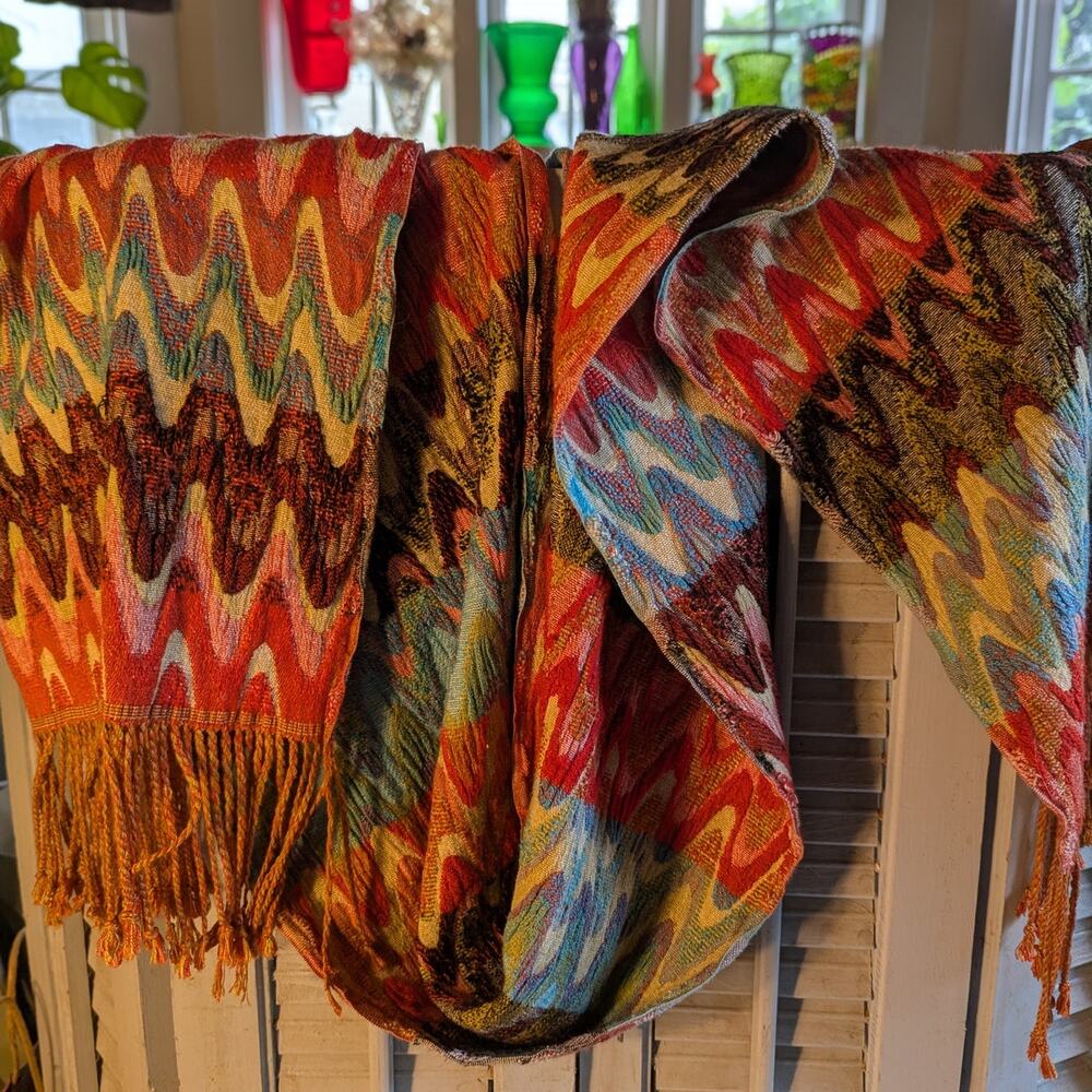 Handcrafted multicolor chevron scarf with knotted fringe